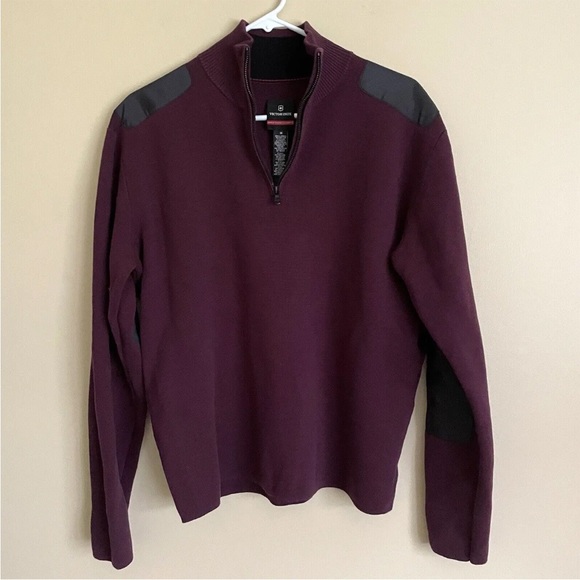 Victorinox Sweater Men's Burgundy 1/4 Zip Patched Elbows Shoulder Cotton Blend M - Picture 2 of 8